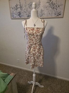 SHEIN Cream Mini Dress with Pink Floral Print and Tie Straps